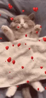 Cute kitten sleeping under a blanket with hearts floating around.