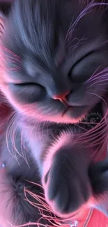 Cute sleeping kitten with pink fluffy surroundings.