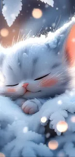 Adorable kitten sleeping in snowy backdrop.