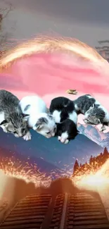 Adorable kittens sleeping in a pink dreamscape with a mountainous backdrop.