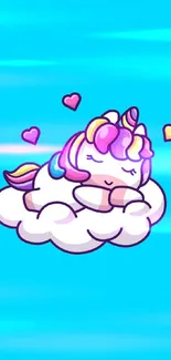 Adorable sleeping unicorn on a cloud with a blue background and colorful mane.