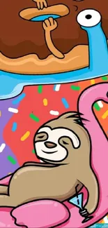 Cute sloth and donut mobile wallpaper on teal ocean background.