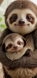 Adorable sloth hugging baby sloth in a heartwarming scene.