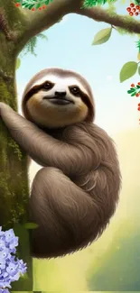 Cute sloth in forest with vibrant leaves and blossoms.