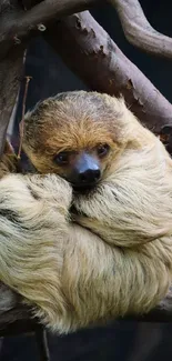 Adorable sloth resting on a tree branch in a peaceful setting.