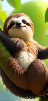 Adorable cartoon sloth hanging on a tree branch with lush green leaves.