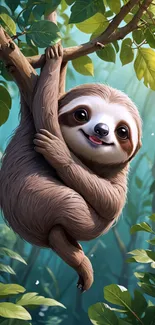 Adorable sloth hanging in lush jungle.