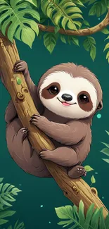 Adorable cartoon sloth hanging on a tree in a lush jungle setting.