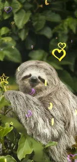 Cute sloth on green background with colorful stars and hearts overlay.