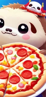 Cartoon sloth holding a delicious pepperoni pizza.