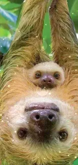 Upside-down sloth duo in a green forest.