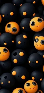 Playful wallpaper with orange and black smiley balls pattern.