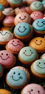 Cute smiley cupcakes with colorful icing.