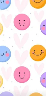 Colorful smiley face and heart pattern wallpaper.