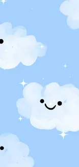 Cute smiling clouds on a blue background, perfect for mobile wallpaper.