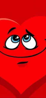 Smiling cartoon heart on red background.