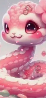 Adorable pink snake anime wallpaper featuring cute flowers.