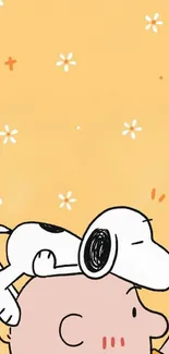 Cute Snoopy resting on head with a light orange background.