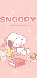 Cute Snoopy and Woodstock on a pink wallpaper.