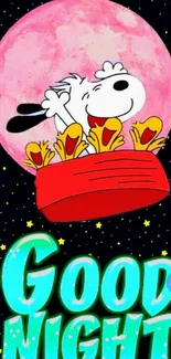 Snoopy sleeping on a moon with 'Good Night' text.