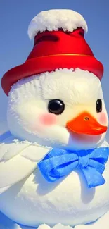 Adorable snow duck with red hat and blue bow.