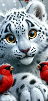 A cute snow leopard with vivid red birds in a snowy setting.