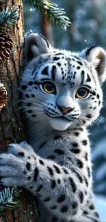 Cute illustrated snow leopard hugging a tree with pinecones in winter forest.