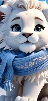 Cute cartoon snow lion with a blue scarf.