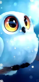 Adorable snow owl with animated snowflakes on a blue background.