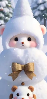 Cute snowman bear in a snowy winter setting with a bow.