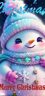 Adorable snowman wearing a beanie with Christmas decorations.