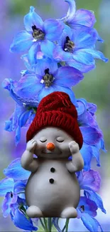 Snowman with red hat amid blue flowers in mobile wallpaper.