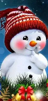 Adorable snowman with festive hat and decorations on a mobile wallpaper.