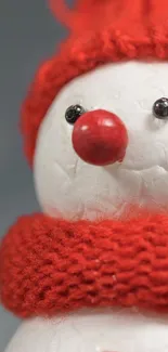 Festive snowman with red scarf and hat close-up.