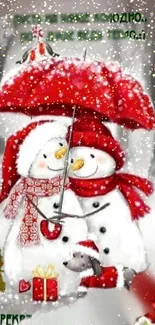 Adorable snowman and puppy under a red umbrella with Christmas theme.