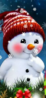 Adorable snowman with red hat surrounded by holiday decorations and snowflakes.