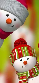 Cheerful snowmen with hats and scarves on a vibrant green background.