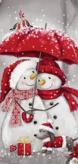 Charming snowman wallpaper with red accents and holiday theme.