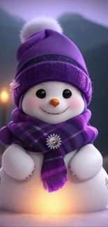 Adorable snowman with purple hat and scarf, perfect for winter wallpaper.