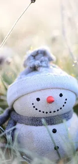 Cute snowman in a frosty winter field with grass.