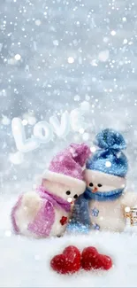 Two adorable snowmen with 'Love' text in a winter scene.