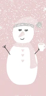 Cute snowman with pink background holding a cup, perfect for winter wallpaper.