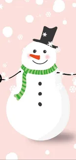 Cute snowman on pastel pink background with playful snowflakes.