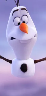 Cute snowman with twig arms on a purple sky background.