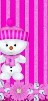 Cute snowman with pink stripes and flowers on mobile wallpaper.