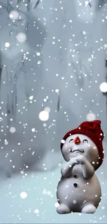 Cute snowman in a snowy forest with falling snowflakes, wearing a red hat.