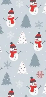 Charming snowman winter wallpaper with festive trees and snowflakes.