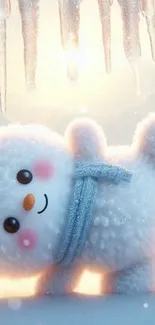A cheerful snowman with pink knitwear holds a mug in a snowy winter scene.