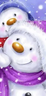 Adorable snowmen with colorful hats in a winter scene.