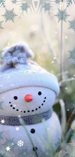 Cute snowman in a snowy scene with snowflake decorations.